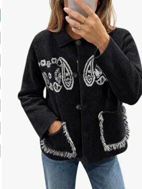 Womens Boho Cardigan Fringe Paisley Fall Sweater